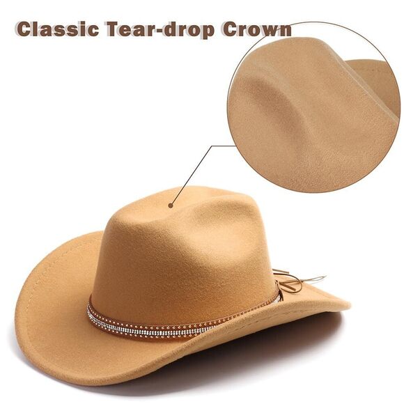 1187 Women Men Fashion Wide Brim Teardrop Crown Felt Western Cowboy Cowgirl